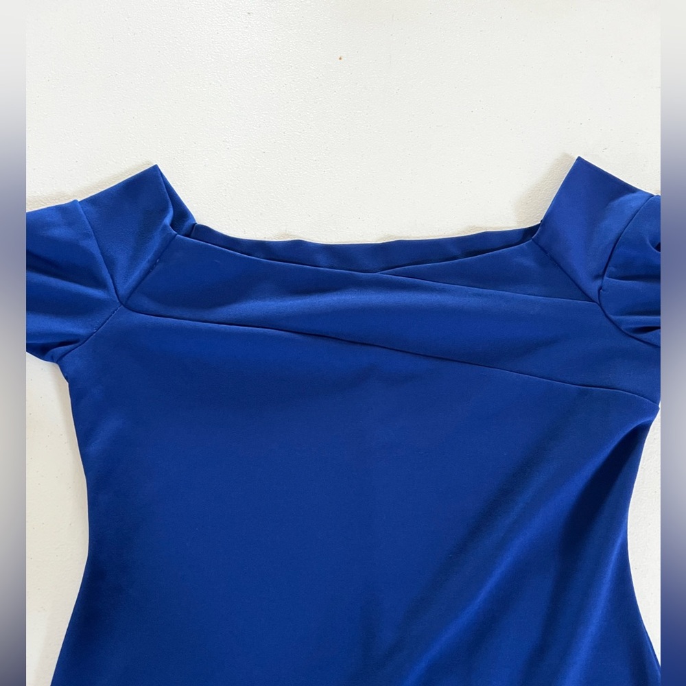 Bebe Blue Off-Shoulder Pleated Sheath Dress Size 10 - Picture 9 of 12